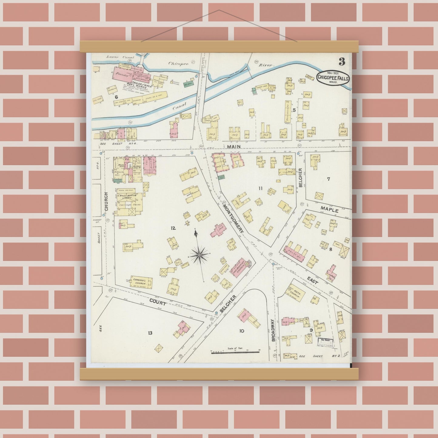 Old map wall art mockup — magnetic wood frame on brick wall — Sanborn Fire Insurance Map from Chicopee Falls, Hampden County, Massachusetts (1891), Sheet #0003