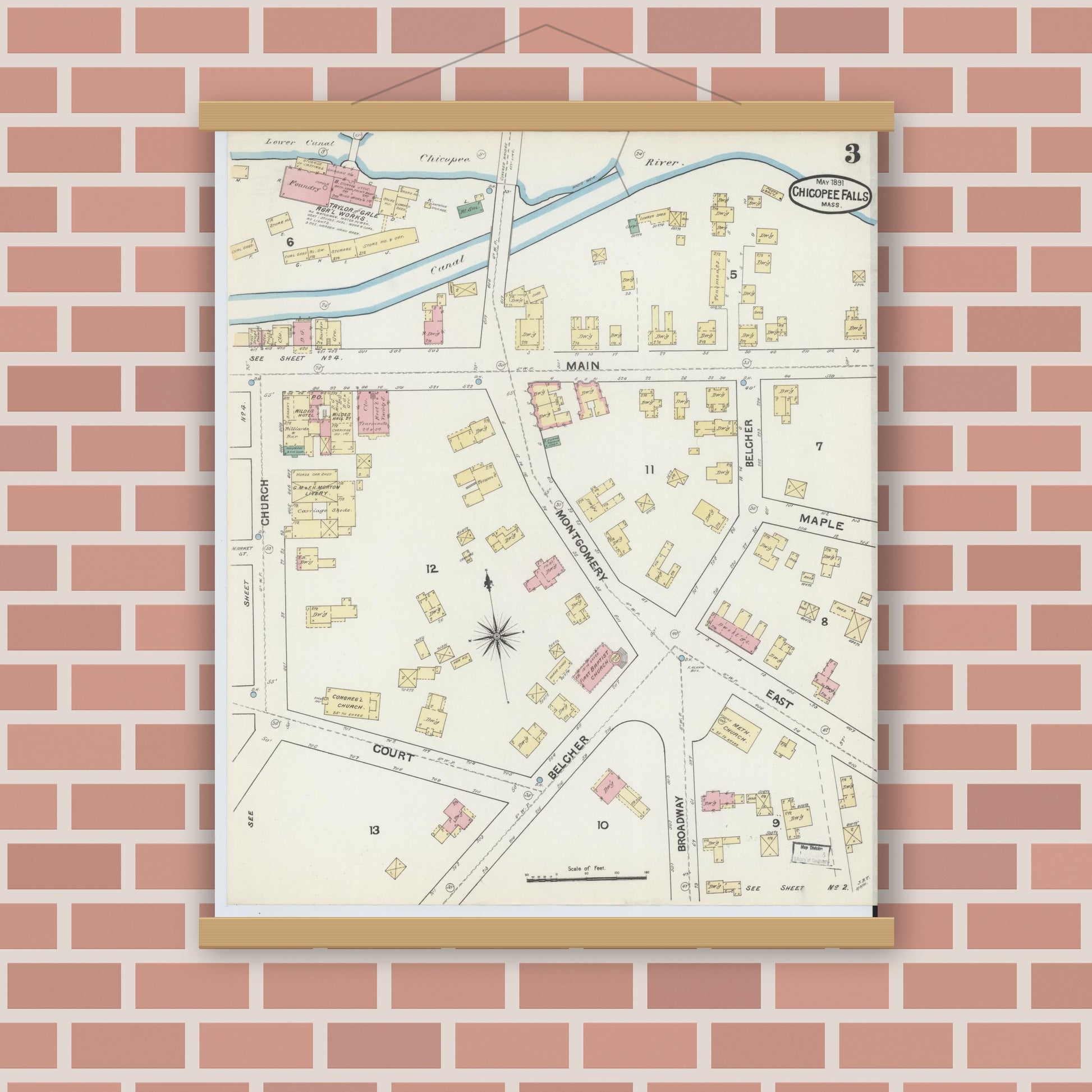 Old map wall art mockup — magnetic wood frame on brick wall — Sanborn Fire Insurance Map from Chicopee Falls, Hampden County, Massachusetts (1891), Sheet #0003