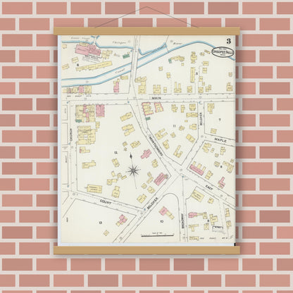 Old map wall art mockup — magnetic wood frame on brick wall — Sanborn Fire Insurance Map from Chicopee Falls, Hampden County, Massachusetts (1891), Sheet #0003