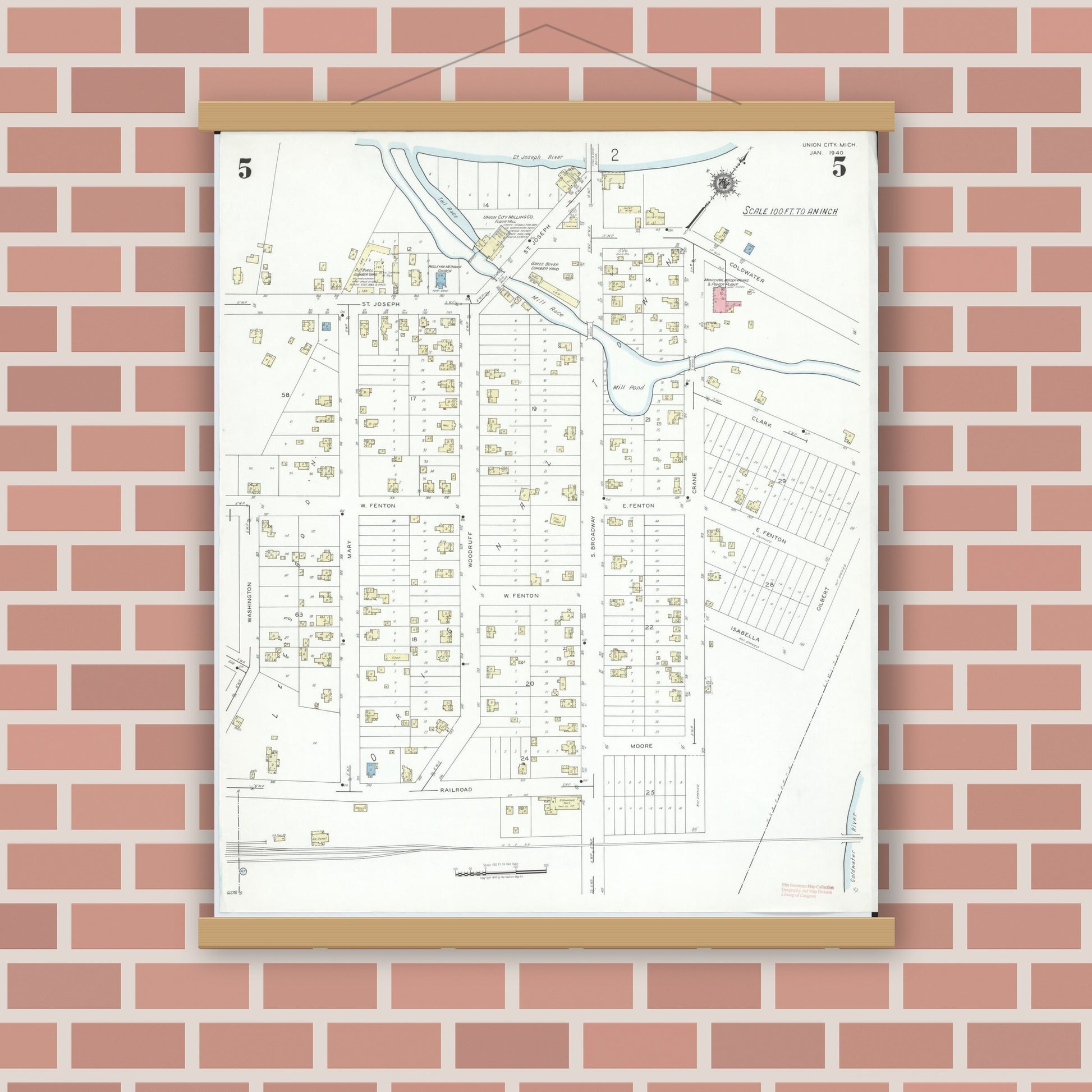 Old map wall art mockup — magnetic wood frame on brick wall — Sanborn Fire Insurance Map from Union City, Branch And Calhoun Counties, Michigan (1940), Sheet #0005