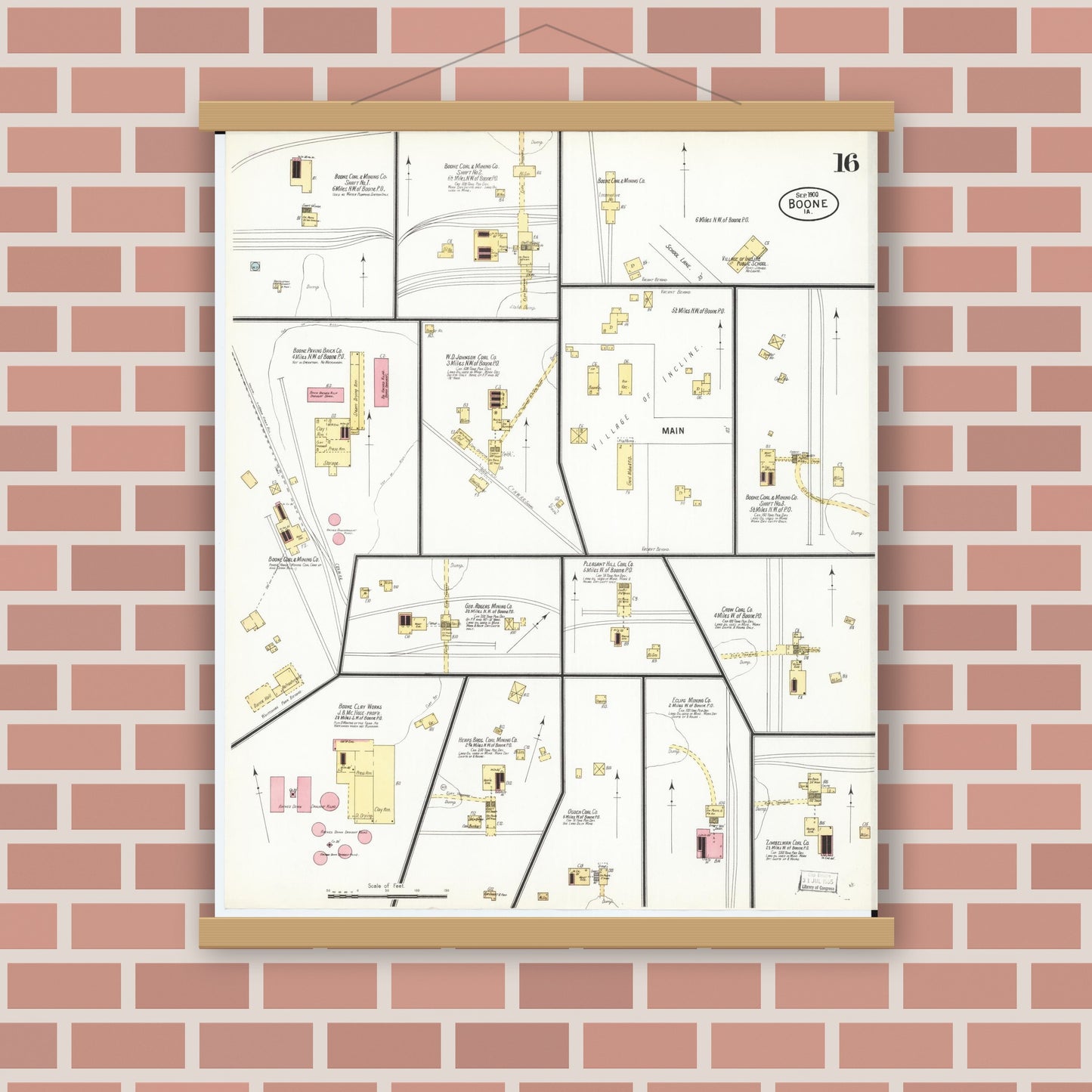 Old map wall art mockup — magnetic wood frame on brick wall — Sanborn Fire Insurance Map from Boone, Boone County, Iowa (1900), Sheet #0016