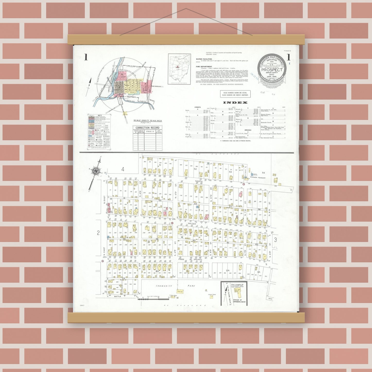 Old map wall art mockup — magnetic wood frame on brick wall — Sanborn Fire Insurance Map from Prospect, Marion County, Ohio (1946), Sheet #0001