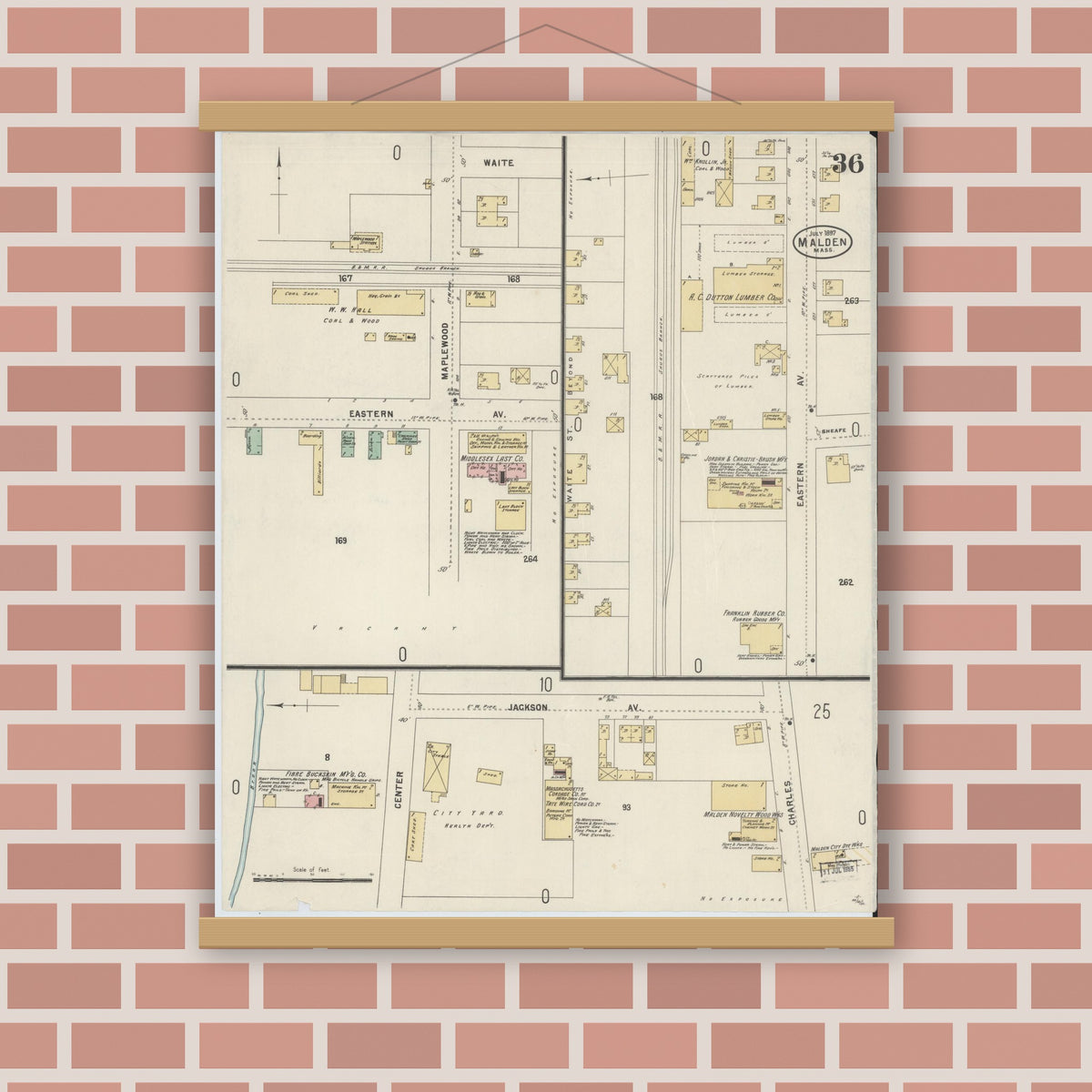 Old map wall art mockup — magnetic wood frame on brick wall — Sanborn Fire Insurance Map from Malden, Middlesex County, Massachusetts (1897), Sheet #0036