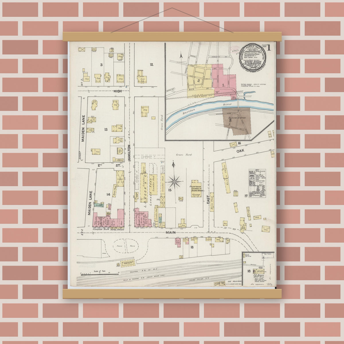Old map wall art mockup — magnetic wood frame on brick wall — Sanborn Fire Insurance Map from Bound Brook, Somerset County, New Jersey (1890), Sheet #0001