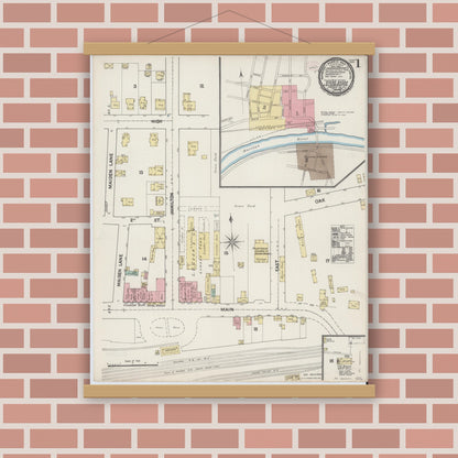 Old map wall art mockup — magnetic wood frame on brick wall — Sanborn Fire Insurance Map from Bound Brook, Somerset County, New Jersey (1890), Sheet #0001