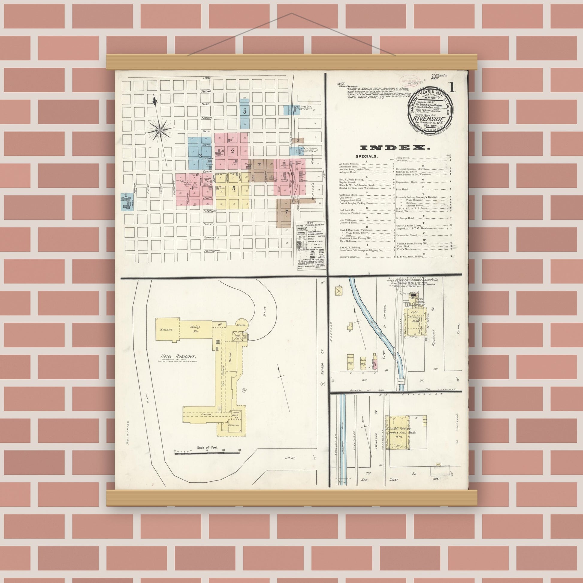 Old map wall art mockup — magnetic wood frame on brick wall — Sanborn Fire Insurance Map from Riverside, Riverside County, California (1891) - Complete Map Set