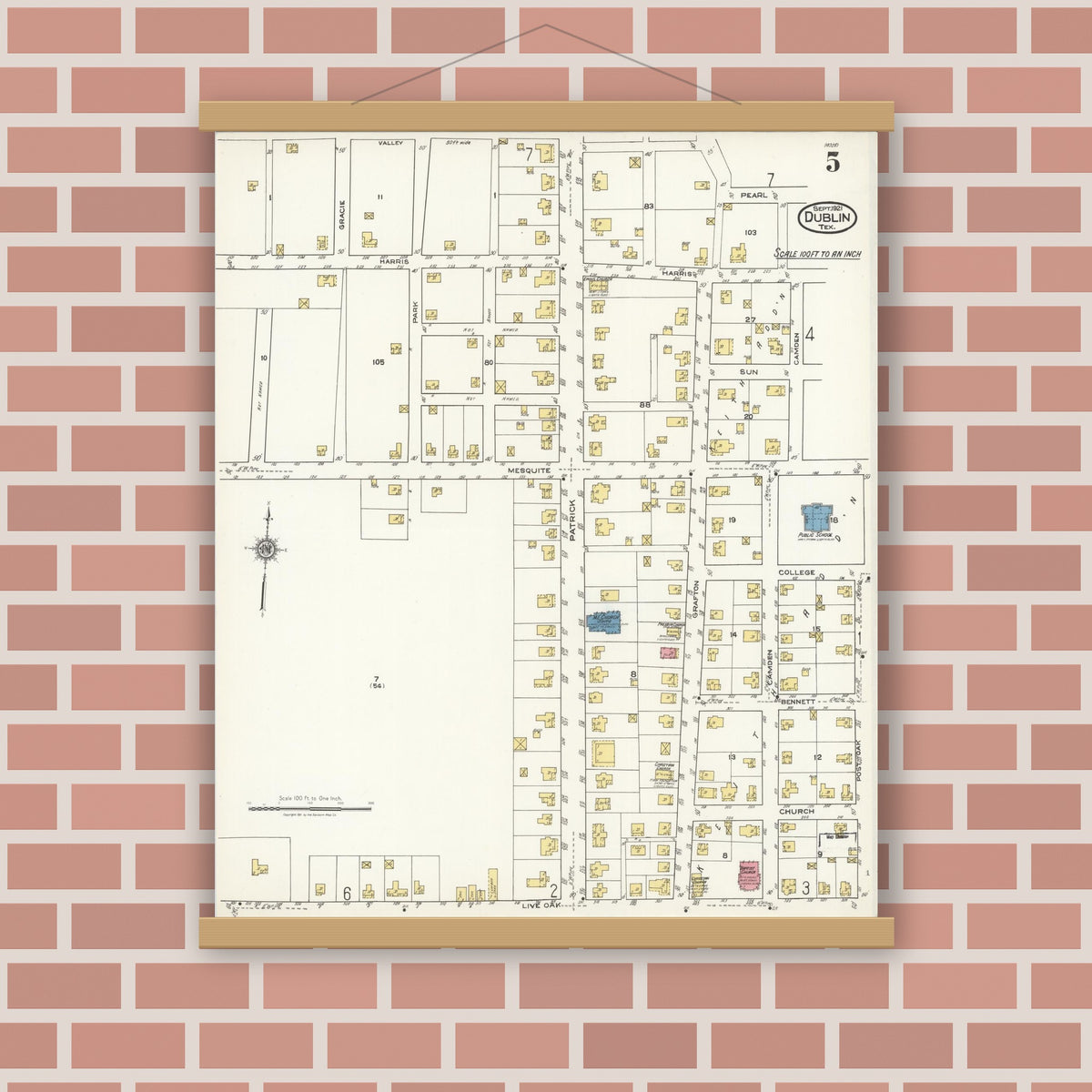 Old map wall art mockup — magnetic wood frame on brick wall — Sanborn Fire Insurance Map from Dublin, Erath County, Texas (1921), Sheet #0005