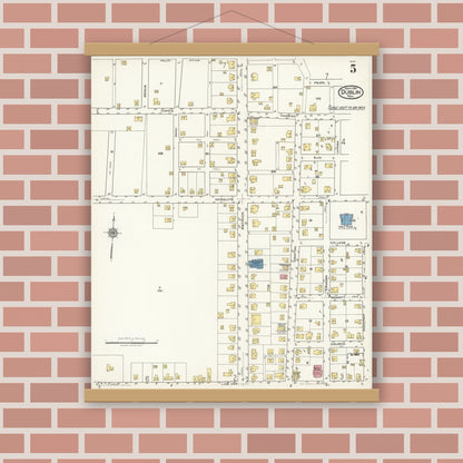 Old map wall art mockup — magnetic wood frame on brick wall — Sanborn Fire Insurance Map from Dublin, Erath County, Texas (1921), Sheet #0005