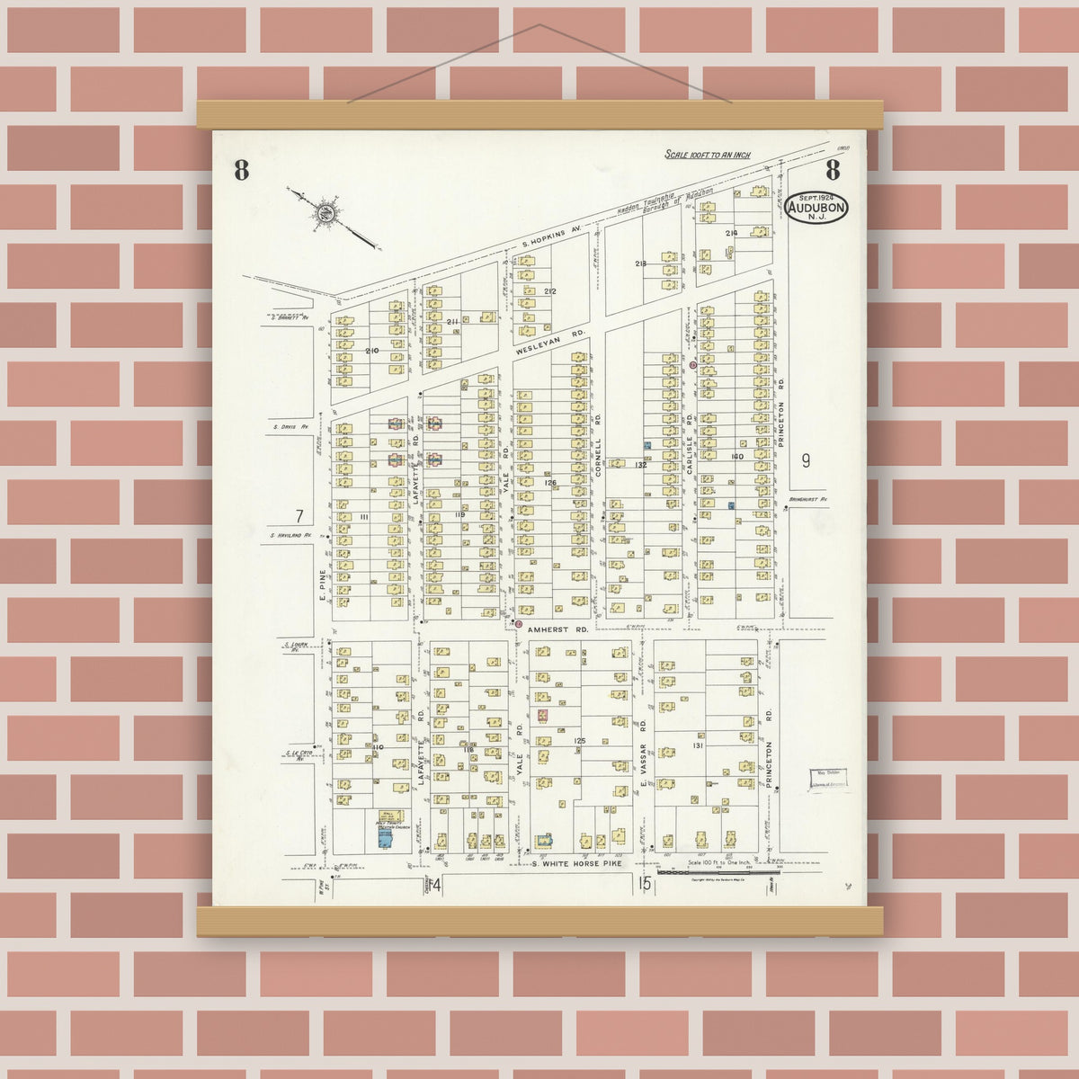 Old map wall art mockup — magnetic wood frame on brick wall — Sanborn Fire Insurance Map from Audubon, Camden County, New Jersey (1924), Sheet #0008