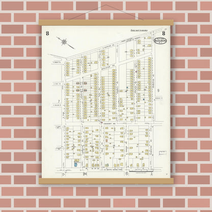 Old map wall art mockup — magnetic wood frame on brick wall — Sanborn Fire Insurance Map from Audubon, Camden County, New Jersey (1924), Sheet #0008