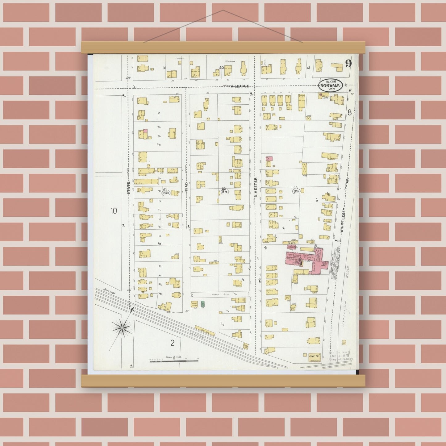 Old map wall art mockup — magnetic wood frame on brick wall — Sanborn Fire Insurance Map from Norwalk, Huron County, Ohio (1899), Sheet #0009