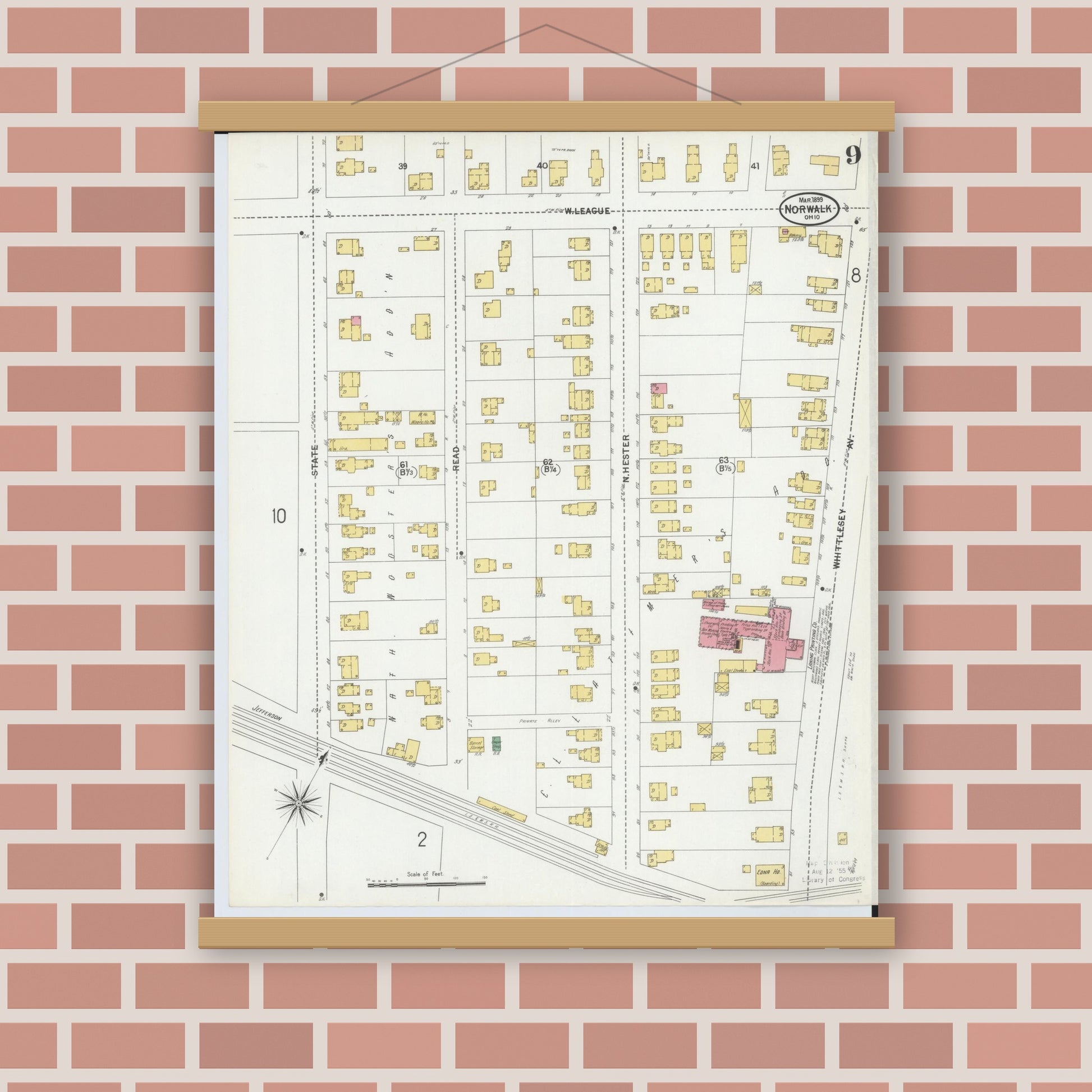 Old map wall art mockup — magnetic wood frame on brick wall — Sanborn Fire Insurance Map from Norwalk, Huron County, Ohio (1899), Sheet #0009