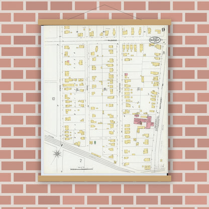 Old map wall art mockup — magnetic wood frame on brick wall — Sanborn Fire Insurance Map from Norwalk, Huron County, Ohio (1899), Sheet #0009