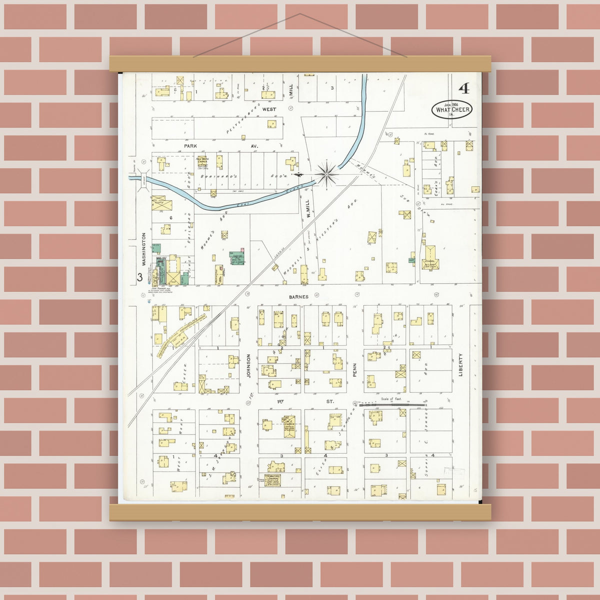 Old map wall art mockup — magnetic wood frame on brick wall — Sanborn Fire Insurance Map from What Cheer, Keokuk County, Iowa (1906), Sheet #0004
