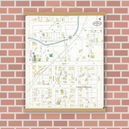 Old map wall art mockup — magnetic wood frame on brick wall — Sanborn Fire Insurance Map from What Cheer, Keokuk County, Iowa (1906), Sheet #0004