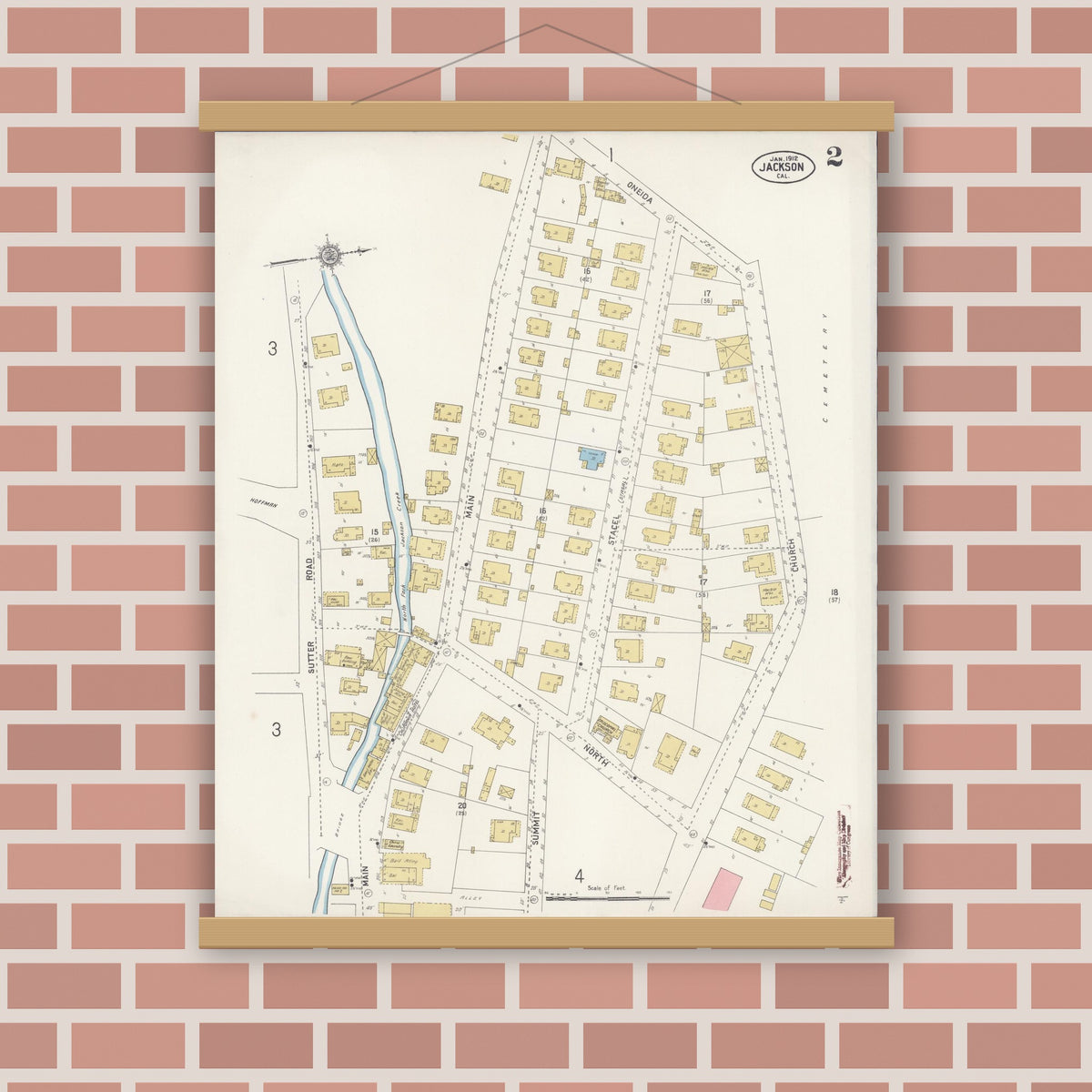 Old map wall art mockup — magnetic wood frame on brick wall — Sanborn Fire Insurance Map from Jackson, Amador County, California (1912), Sheet #0002