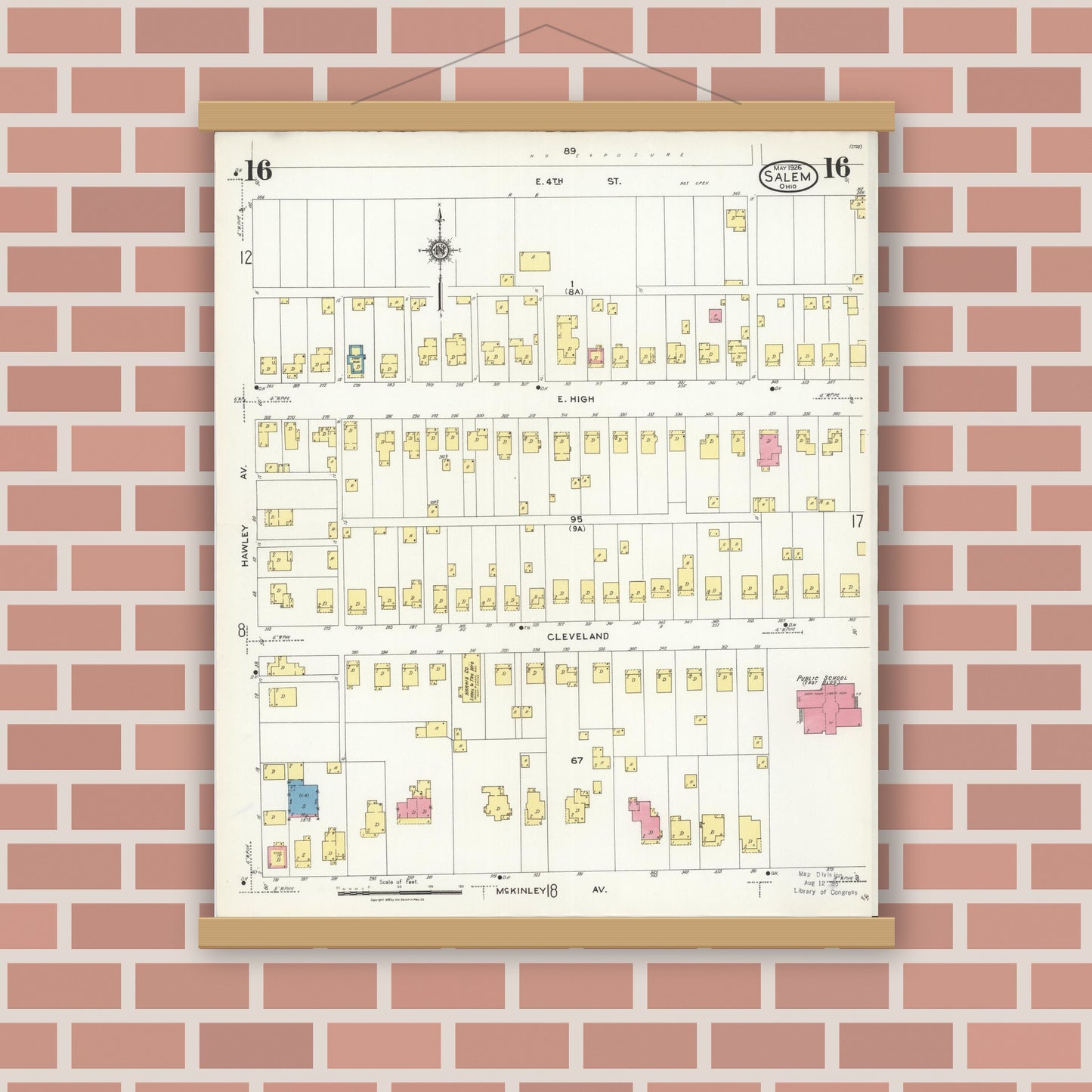 Old map wall art mockup — magnetic wood frame on brick wall — Sanborn Fire Insurance Map from Salem, Columbiana County, Ohio (1926), Sheet #0016