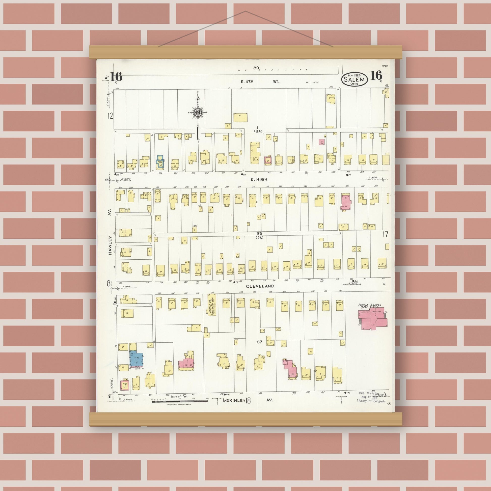 Old map wall art mockup — magnetic wood frame on brick wall — Sanborn Fire Insurance Map from Salem, Columbiana County, Ohio (1926), Sheet #0016