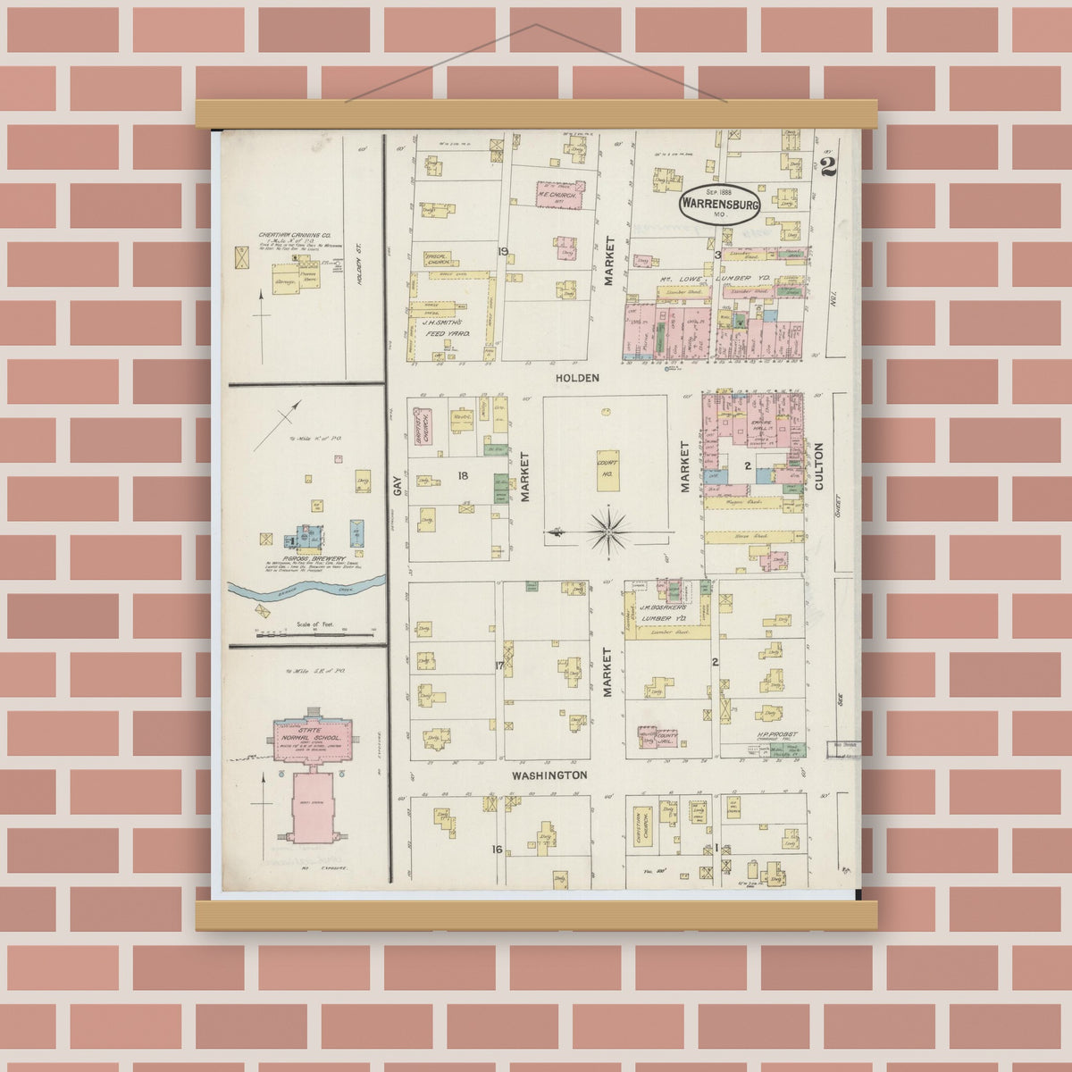 Old map wall art mockup — magnetic wood frame on brick wall — Sanborn Fire Insurance Map from Warrensburg, Johnson County, Missouri (1888), Sheet #0002