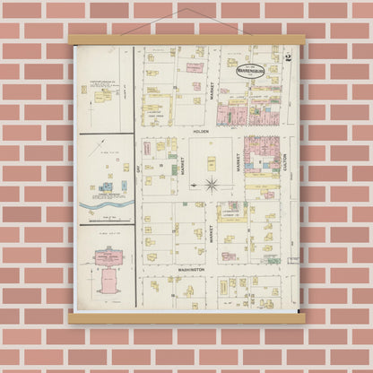 Old map wall art mockup — magnetic wood frame on brick wall — Sanborn Fire Insurance Map from Warrensburg, Johnson County, Missouri (1888), Sheet #0002
