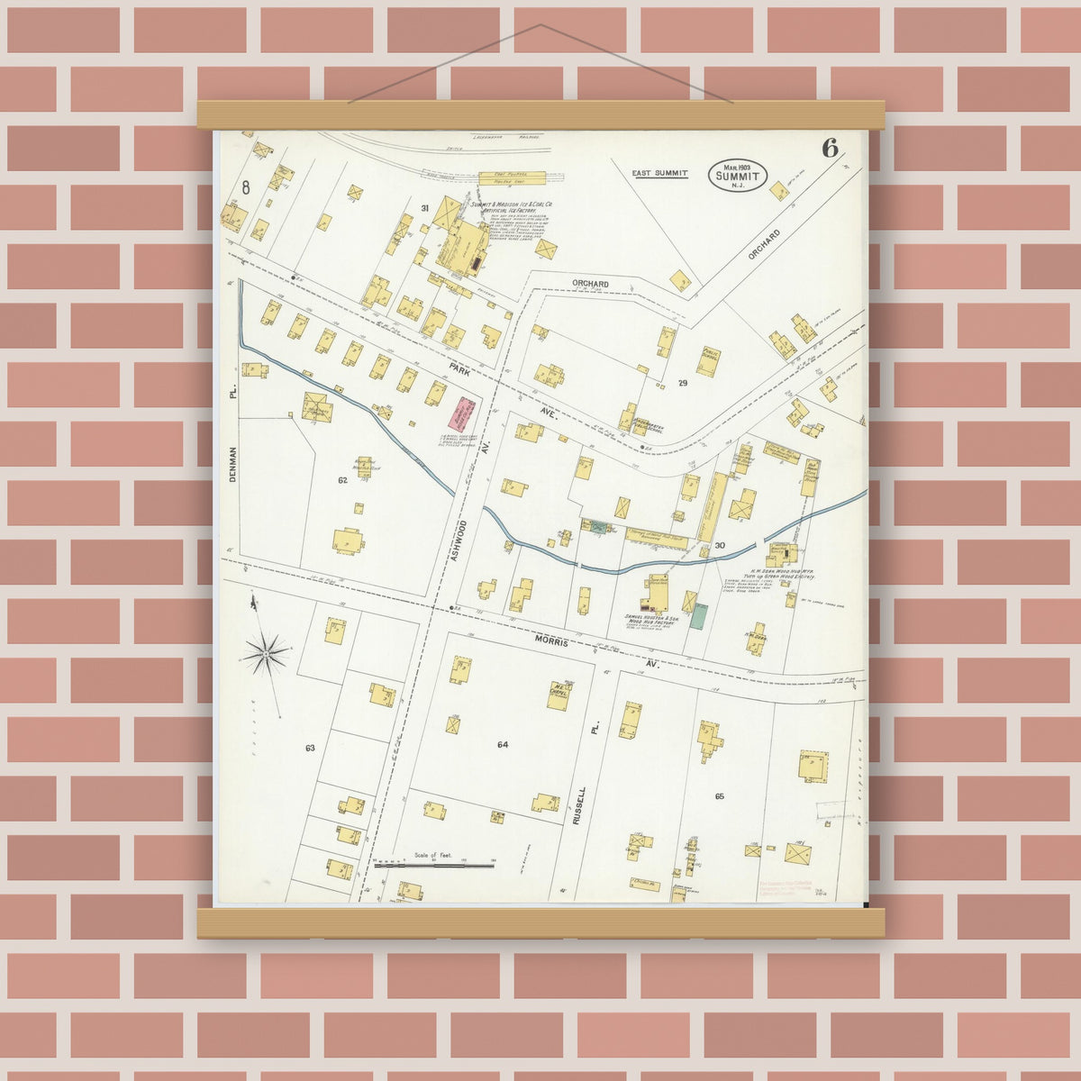 Old map wall art mockup — magnetic wood frame on brick wall — Sanborn Fire Insurance Map from Summit, Union County, New Jersey (1903), Sheet #0006