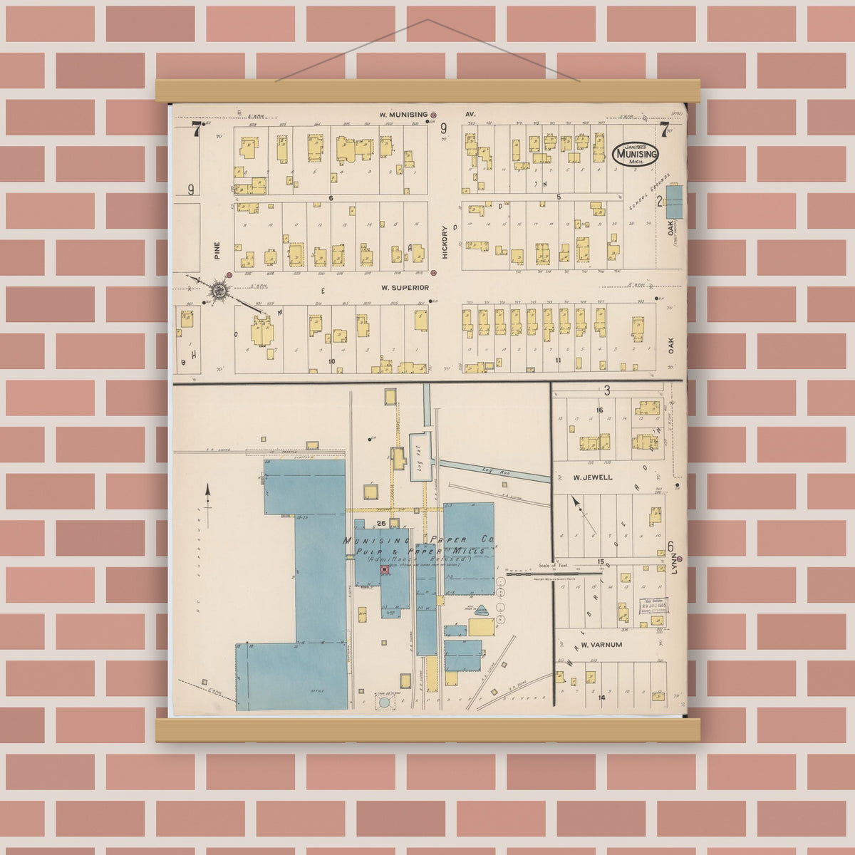 Old map wall art mockup — magnetic wood frame on brick wall — Sanborn Fire Insurance Map from Munising, Alger County, Michigan (1923), Sheet #0007