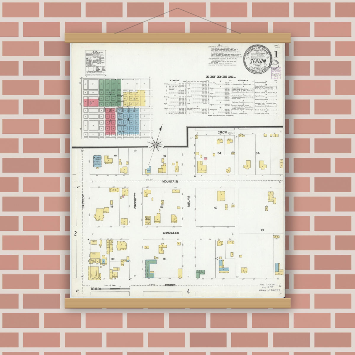 Old map wall art mockup — magnetic wood frame on brick wall — Sanborn Fire Insurance Map from Seguin, Guadalupe County, Texas (1902), Sheet #0001