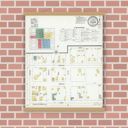Old map wall art mockup — magnetic wood frame on brick wall — Sanborn Fire Insurance Map from Seguin, Guadalupe County, Texas (1902), Sheet #0001