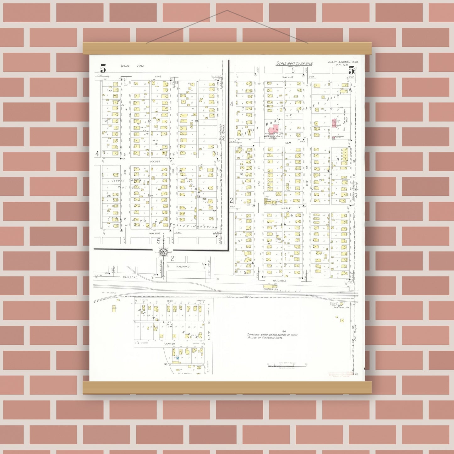 Old map wall art mockup — magnetic wood frame on brick wall — Sanborn Fire Insurance Map from Valley Junction, Polk County, Iowa (1937), Sheet #0005