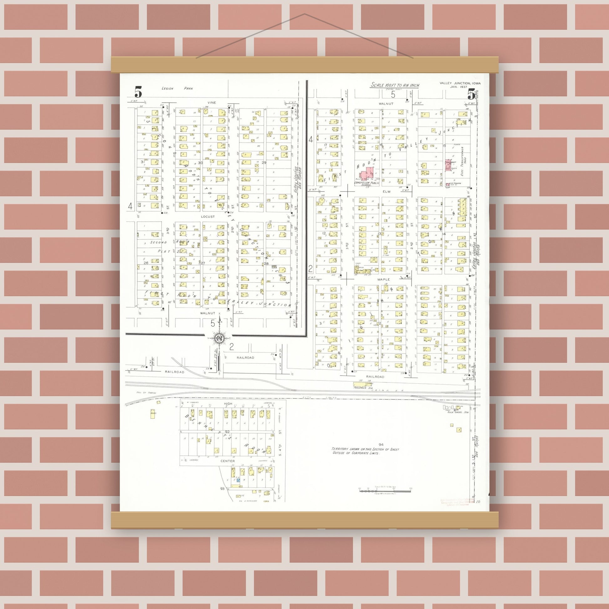 Old map wall art mockup — magnetic wood frame on brick wall — Sanborn Fire Insurance Map from Valley Junction, Polk County, Iowa (1937), Sheet #0005
