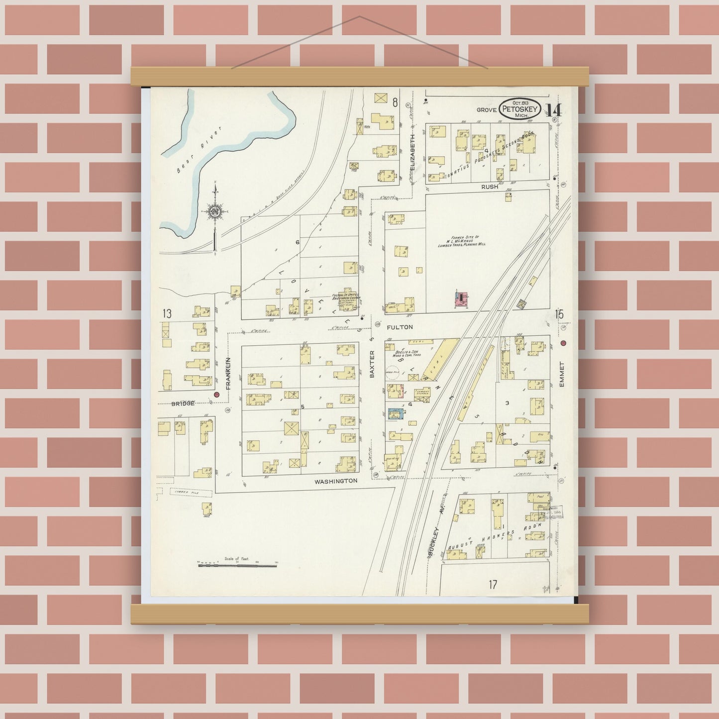 Old map wall art mockup — magnetic wood frame on brick wall — Sanborn Fire Insurance Map from Petoskey, Emmet County, Michigan (1913), Sheet #0014