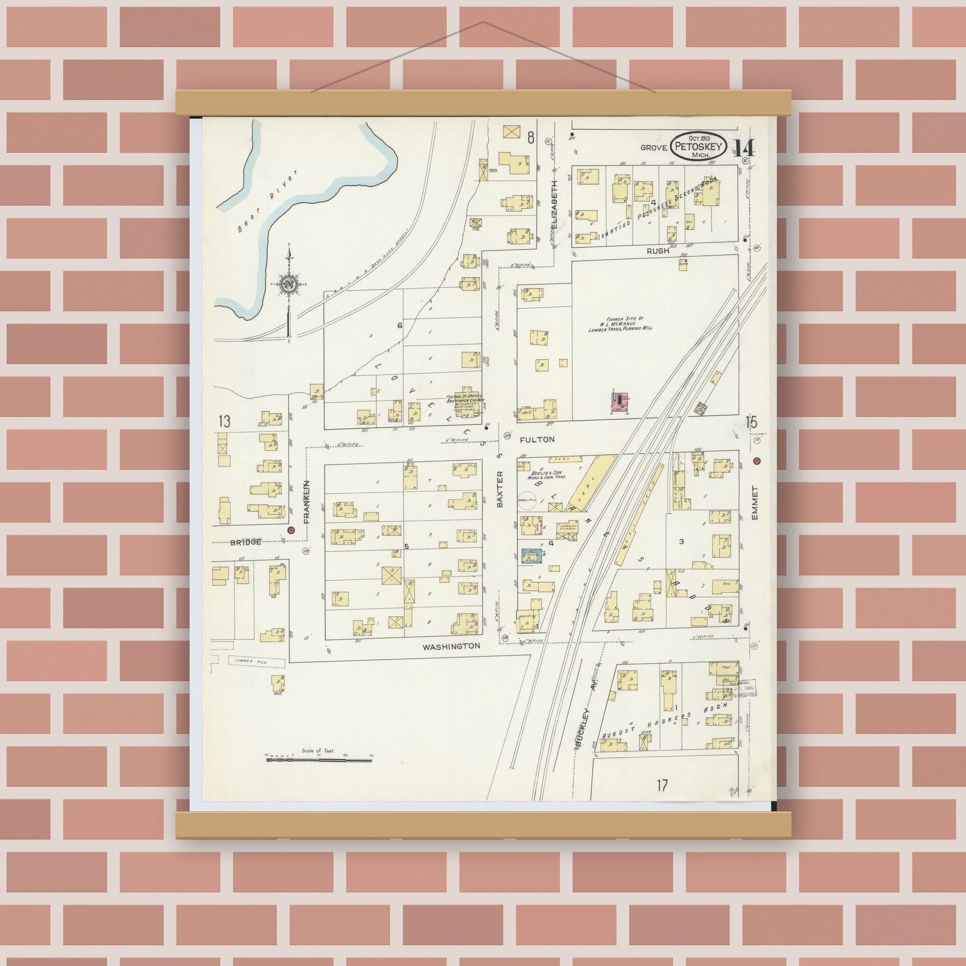 Old map wall art mockup — magnetic wood frame on brick wall — Sanborn Fire Insurance Map from Petoskey, Emmet County, Michigan (1913), Sheet #0014