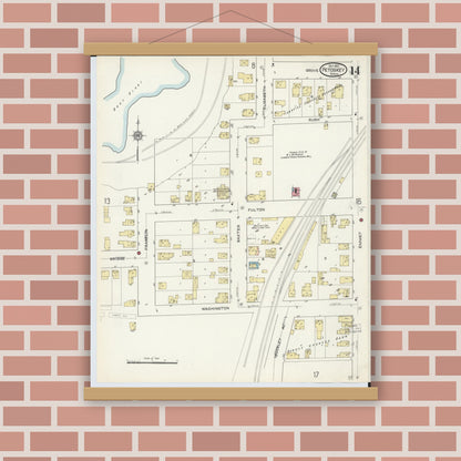 Old map wall art mockup — magnetic wood frame on brick wall — Sanborn Fire Insurance Map from Petoskey, Emmet County, Michigan (1913), Sheet #0014