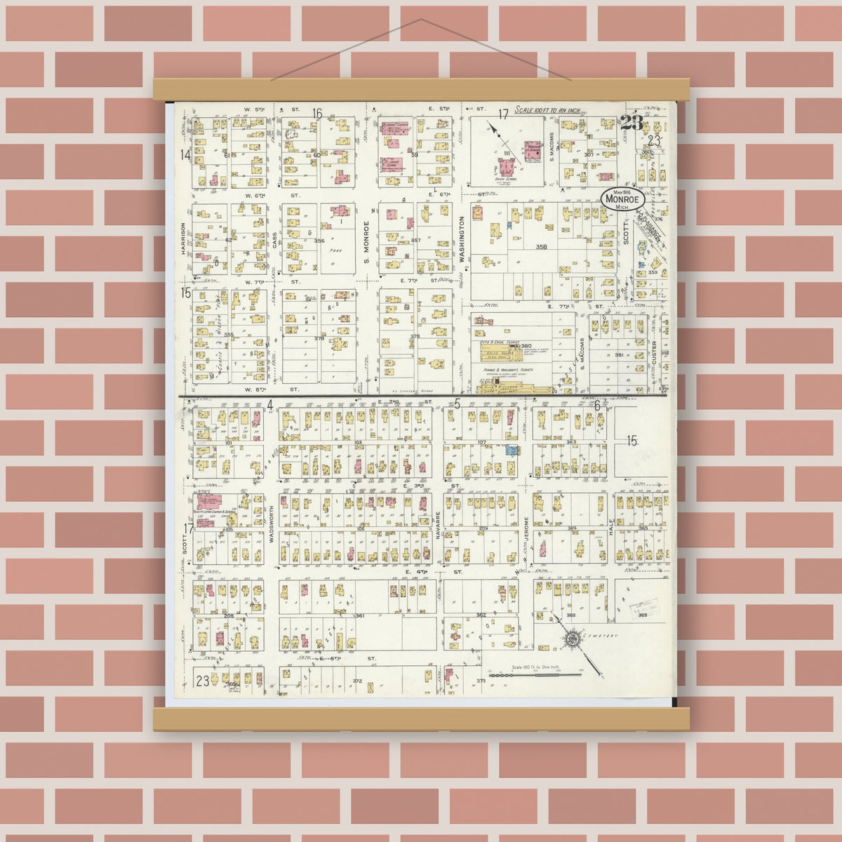 Old map wall art mockup — magnetic wood frame on brick wall — Sanborn Fire Insurance Map from Monroe, Monroe County, Michigan (1916), Sheet #0023