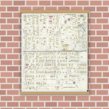 Old map wall art mockup — magnetic wood frame on brick wall — Sanborn Fire Insurance Map from Monroe, Monroe County, Michigan (1916), Sheet #0023
