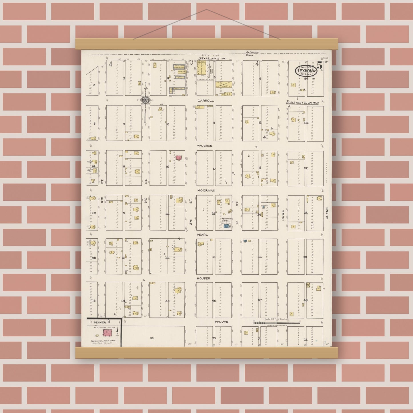 Old map wall art mockup — magnetic wood frame on brick wall — Sanborn Fire Insurance Map from Texhoma, Texas County, Oklahoma and Sherman County, Texas, Texas (1922), Sheet #0005
