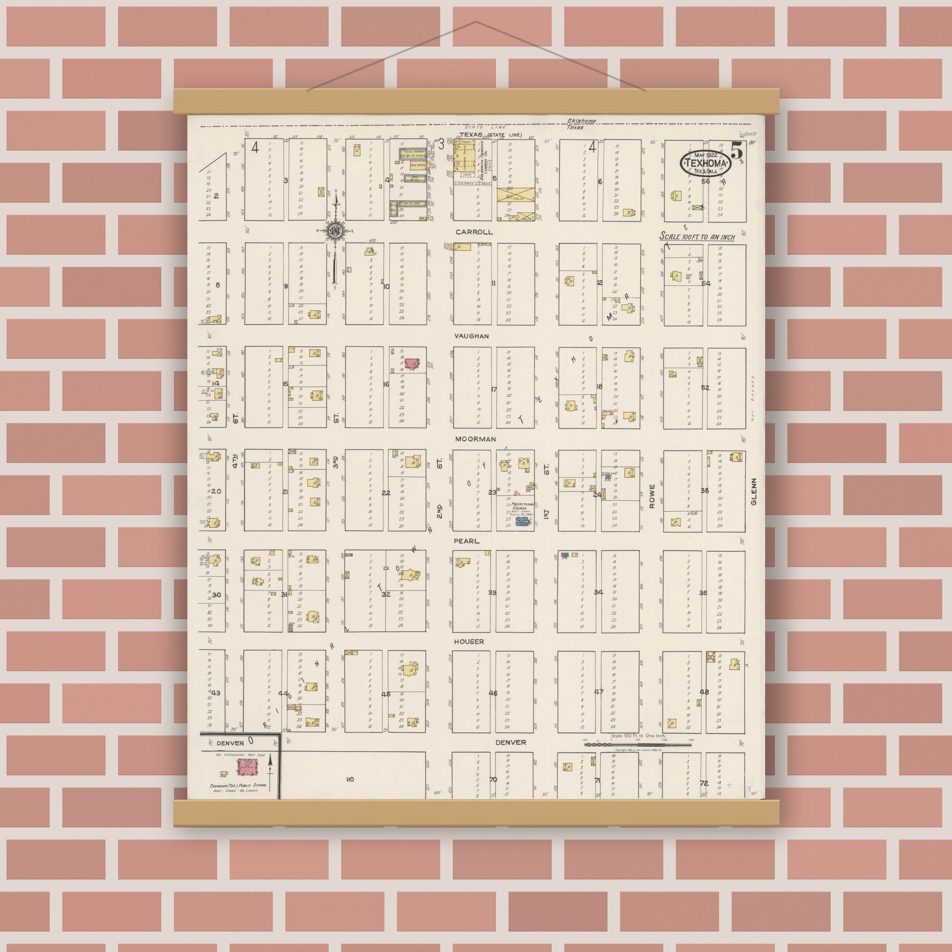 Old map wall art mockup — magnetic wood frame on brick wall — Sanborn Fire Insurance Map from Texhoma, Texas County, Oklahoma and Sherman County, Texas, Texas (1922), Sheet #0005