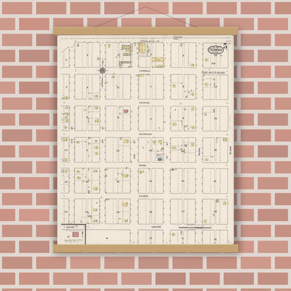 Old map wall art mockup — magnetic wood frame on brick wall — Sanborn Fire Insurance Map from Texhoma, Texas County, Oklahoma and Sherman County, Texas, Texas (1922), Sheet #0005