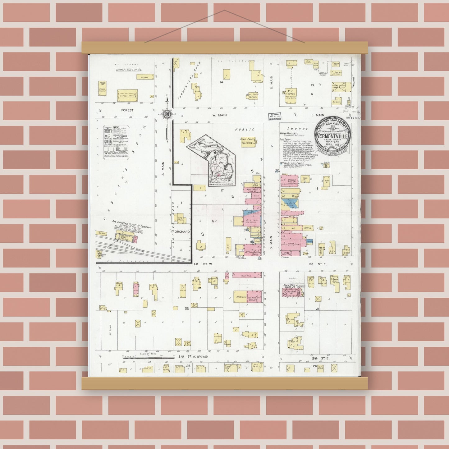 Old map wall art mockup — magnetic wood frame on brick wall — Sanborn Fire Insurance Map from Vermontville, Eaton County, Michigan (1928), Sheet #0001