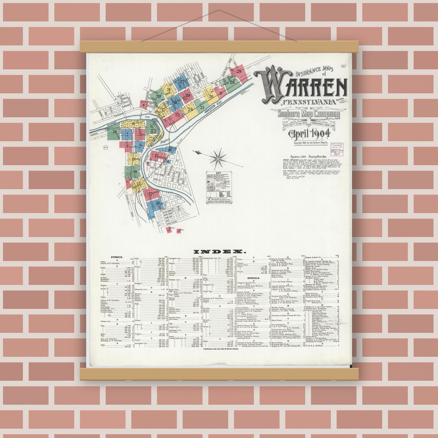 Old map wall art mockup — magnetic wood frame on brick wall — Sanborn Fire Insurance Map from Warren, Warren County, Pennsylvania (1904) - Complete Map Set
