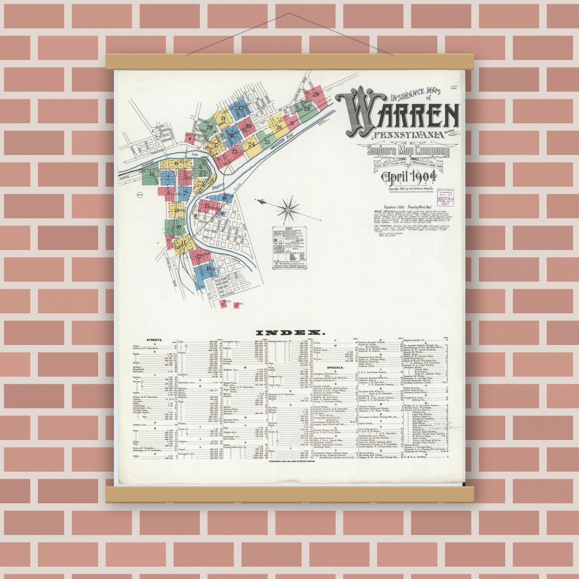 Old map wall art mockup — magnetic wood frame on brick wall — Sanborn Fire Insurance Map from Warren, Warren County, Pennsylvania (1904) - Complete Map Set
