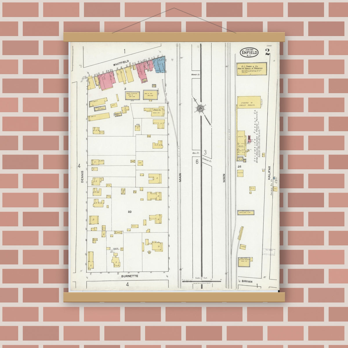 Old map wall art mockup — magnetic wood frame on brick wall — Sanborn Fire Insurance Map from Enfield, Halifax County, North Carolina (1921), Sheet #0002