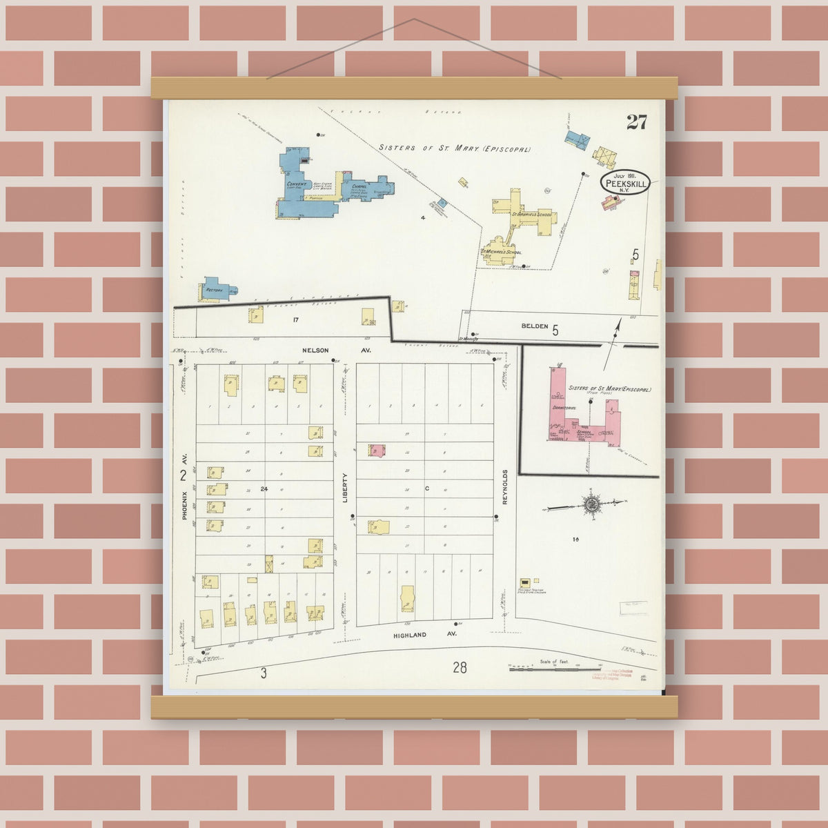 Old map wall art mockup — magnetic wood frame on brick wall — Sanborn Fire Insurance Map from Peekskill, Westchester County, New York (1911), Sheet #0027