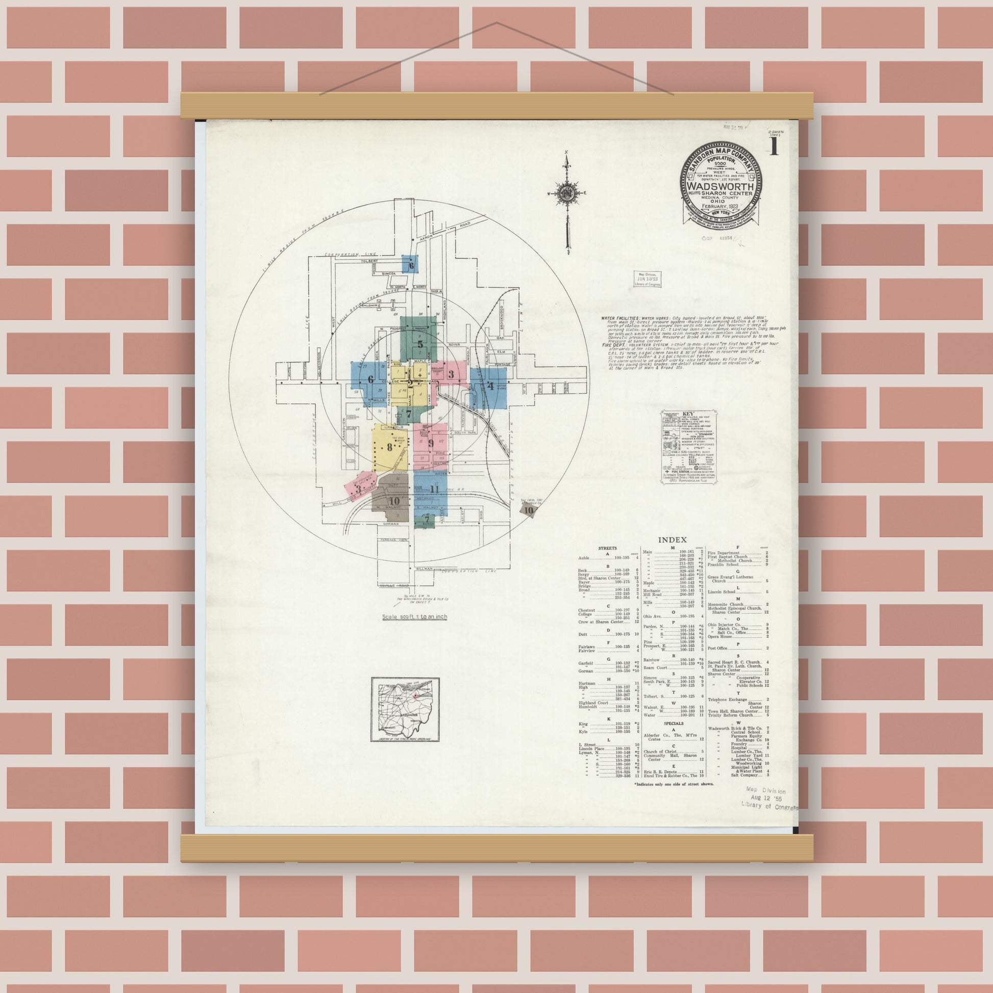 Old map wall art mockup — magnetic wood frame on brick wall — Sanborn Fire Insurance Map from Wadsworth, Medina County, Ohio (1923), Sheet #0001