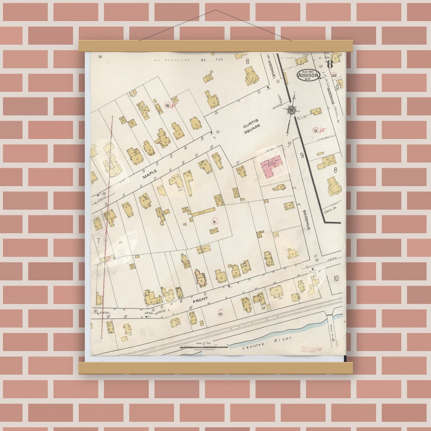 Old map wall art mockup — magnetic wood frame on brick wall — Sanborn Fire Insurance Map from Addison, Steuben County, New York (1945), Sheet #0008