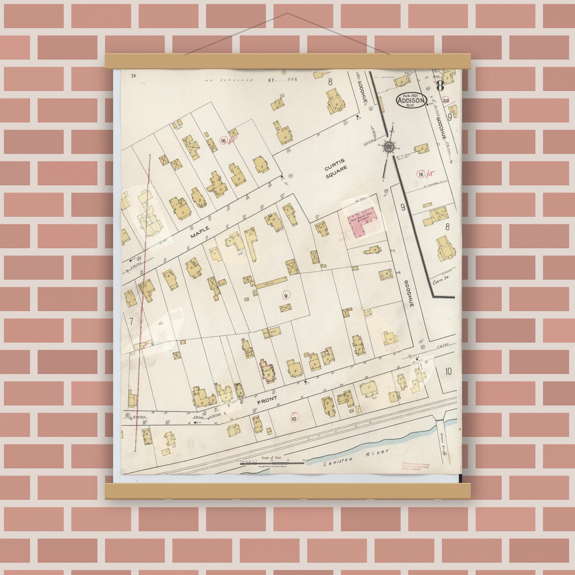 Old map wall art mockup — magnetic wood frame on brick wall — Sanborn Fire Insurance Map from Addison, Steuben County, New York (1945), Sheet #0008