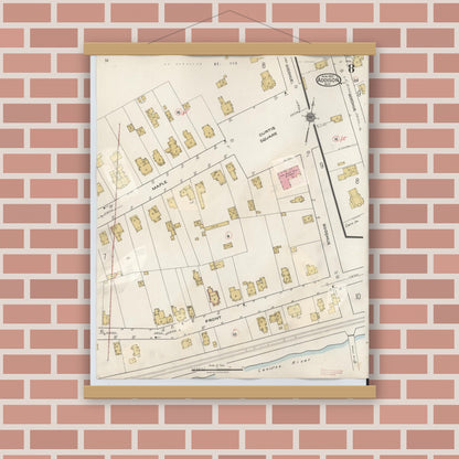 Old map wall art mockup — magnetic wood frame on brick wall — Sanborn Fire Insurance Map from Addison, Steuben County, New York (1945), Sheet #0008