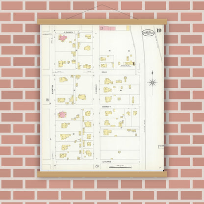 Old map wall art mockup — magnetic wood frame on brick wall — Sanborn Fire Insurance Map from Gainesville, Cooke County, Texas (1908), Sheet #0019