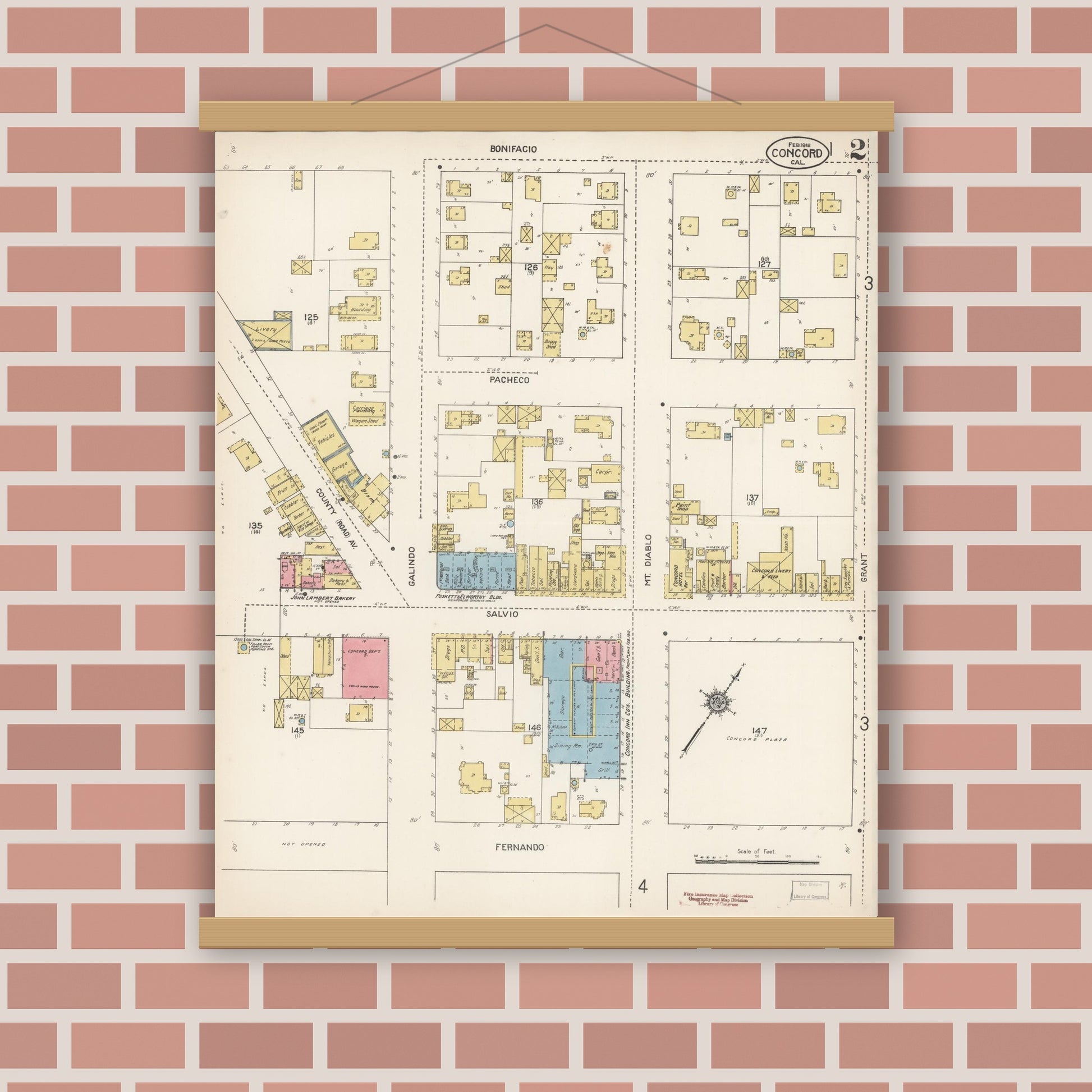 Old map wall art mockup — magnetic wood frame on brick wall — Sanborn Fire Insurance Map from Concord, Contra Costa County, California (1912), Sheet #0002