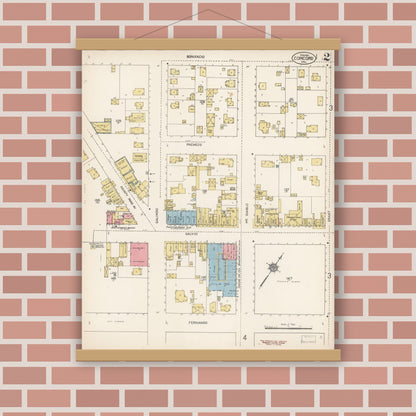 Old map wall art mockup — magnetic wood frame on brick wall — Sanborn Fire Insurance Map from Concord, Contra Costa County, California (1912), Sheet #0002